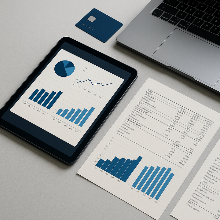Digital workspace with charts, financial documents, credit card, and laptop symbolizing advanced credit and liquidity strategies.