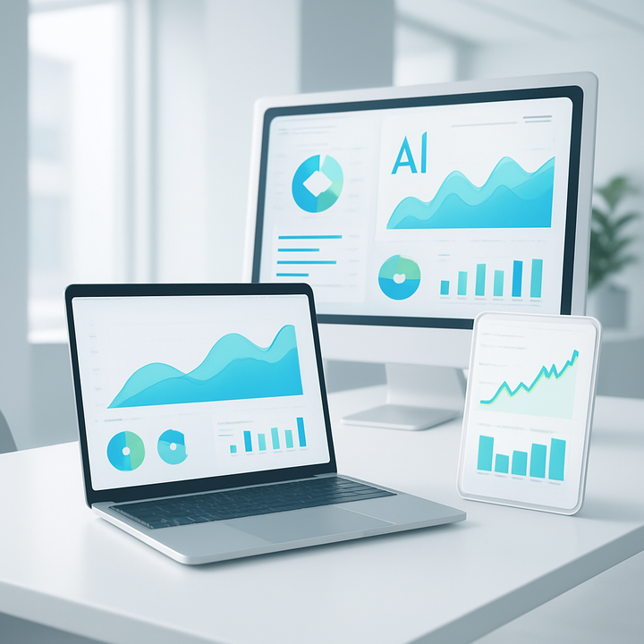 AI-powered dashboards and graphs illustrating advances in financial technology in a modern office