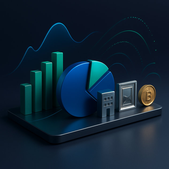 Illustration of traditional and alternative investments integrated in a modern financial portfolio setting.
