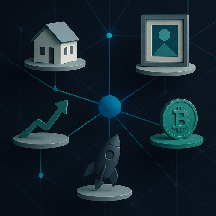Visual representation of alternative investments connected via digital technology, featuring real estate, collectibles, startups, and cryptocurrency.