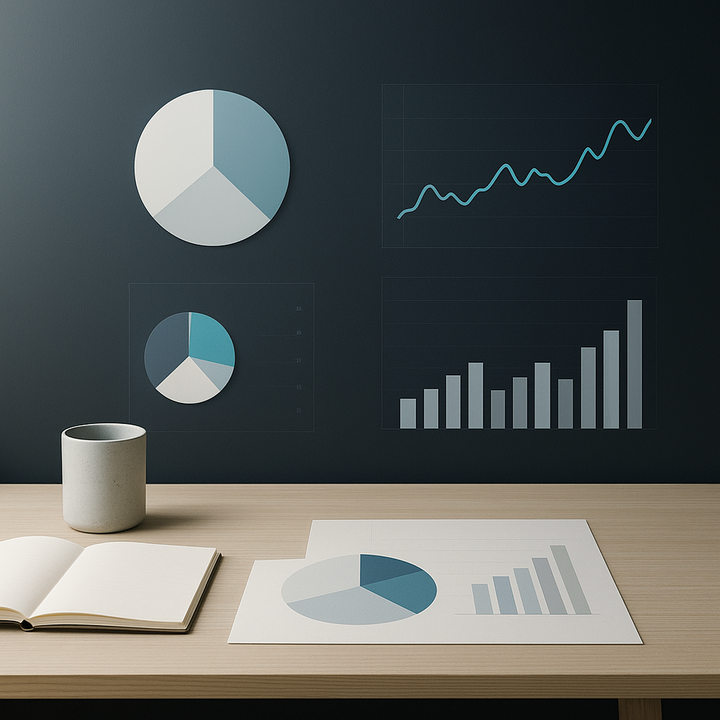 Modern asset allocation portfolio with diverse financial charts and digital assets visualization.