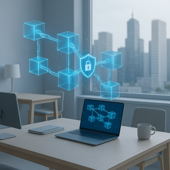 A secure blockchain network visualized over a financial cityscape, representing advanced security in fintech.