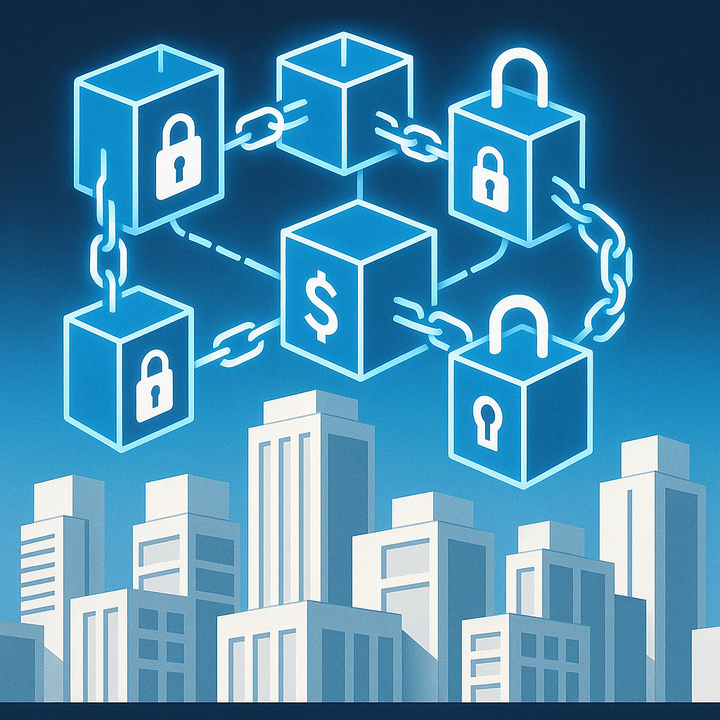 Stylized digital illustration of a secure blockchain network overlaying a city's financial district, symbolizing blockchain technology and financial security.