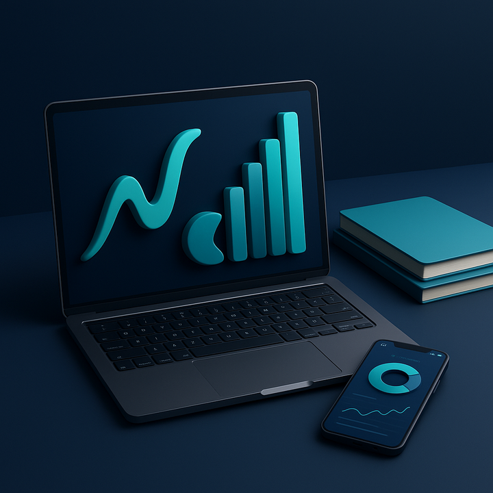 A laptop and smartphone showing financial education tools on a desk, representing digital finance learning.