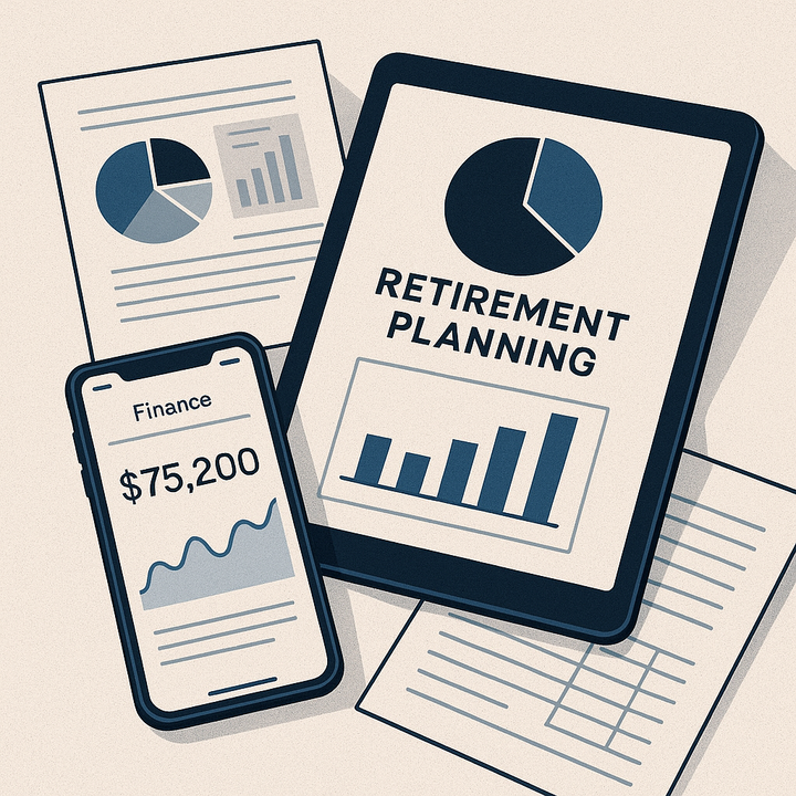Illustration of individuals at different retirement phases managing finances with digital tools and analytics.