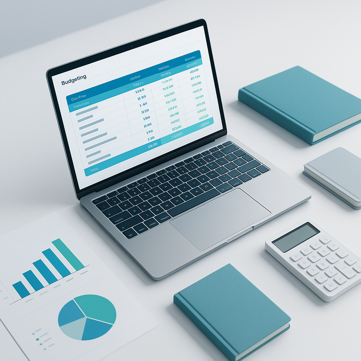 Professional workspace focusing on efficient personal budgeting with a computer, financial documents, and analytics.