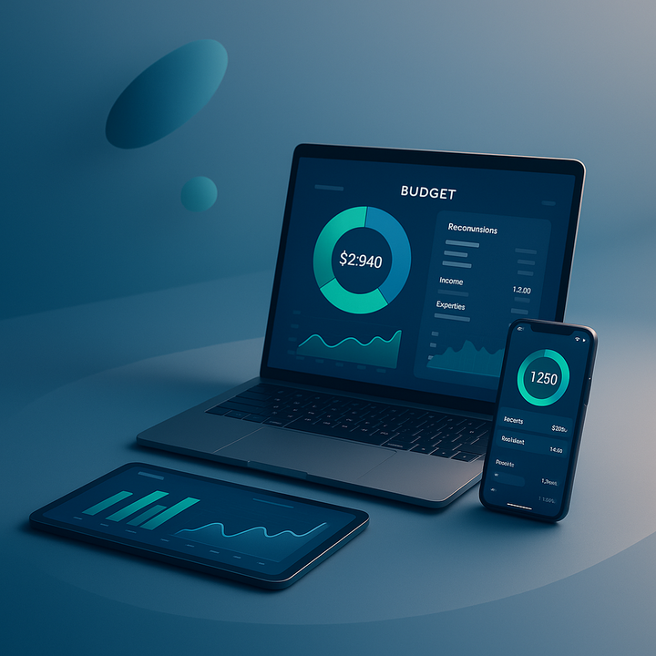 Digital dashboard and financial charts illustrating efficient personal budgeting in a modern workspace.
