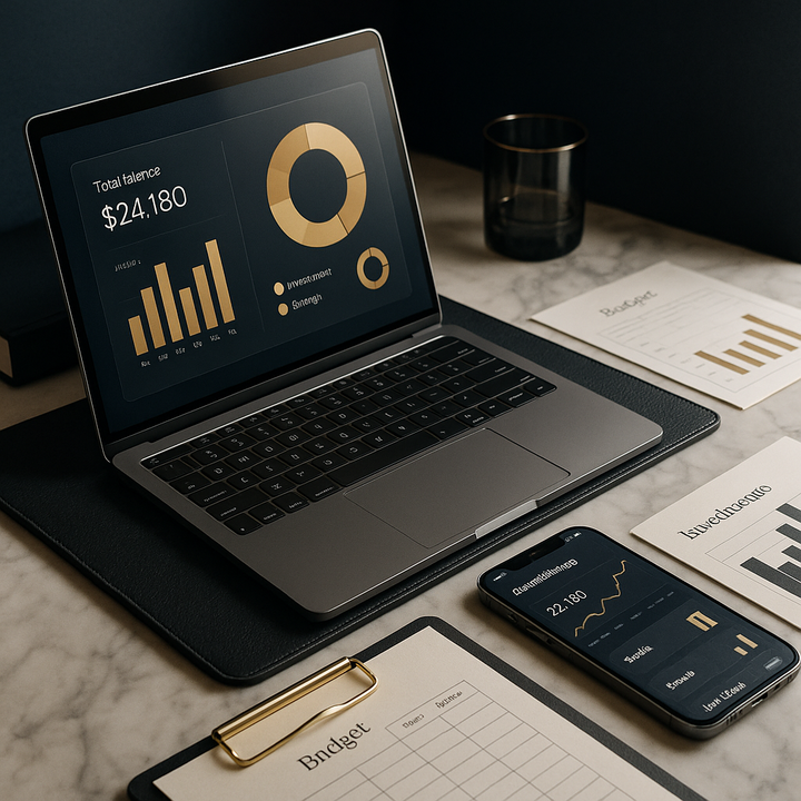 Person managing personal budget with digital financial tools on laptop and smartphone.