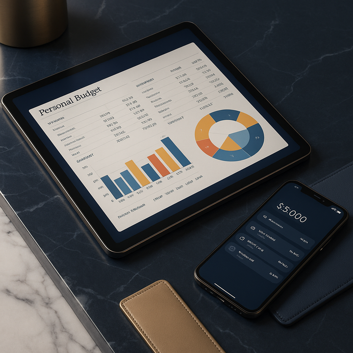 Digital tablet displaying a personal budget spreadsheet alongside financial charts and a smartphone with a banking app.