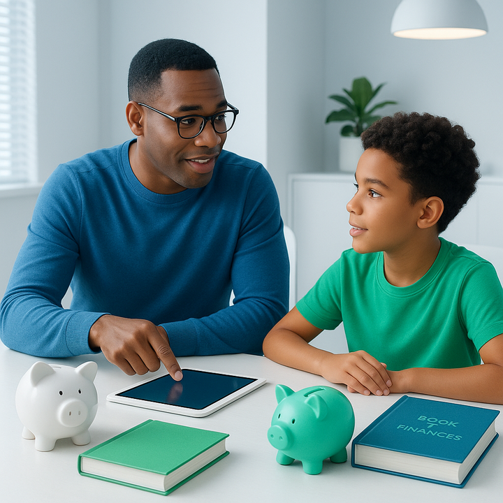 Parent and child discussing finances with modern educational tools and piggy banks