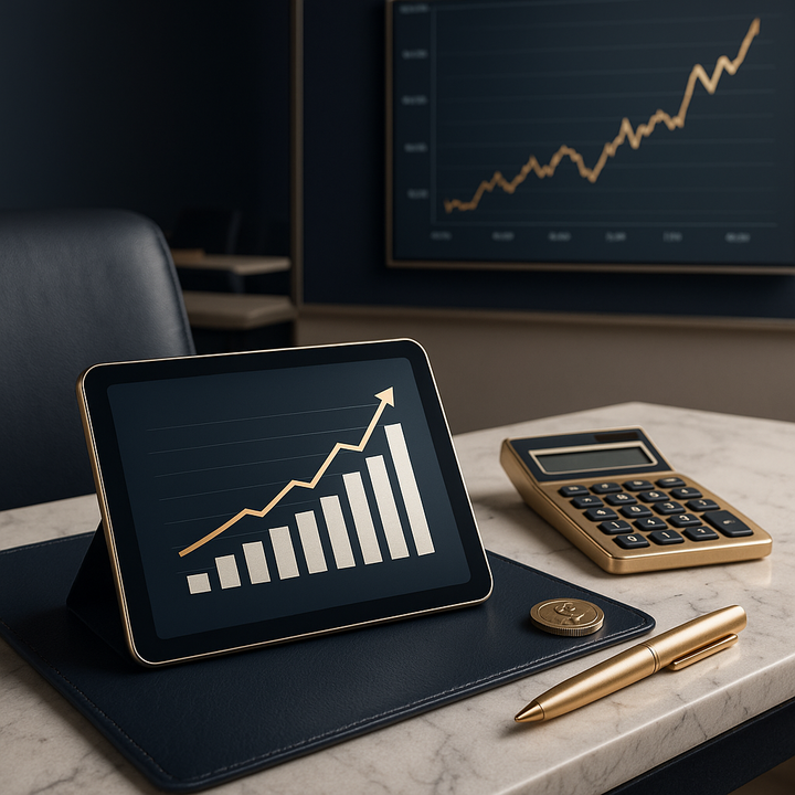 Students in a modern classroom learning personal finance with digital devices and financial graphs displayed.