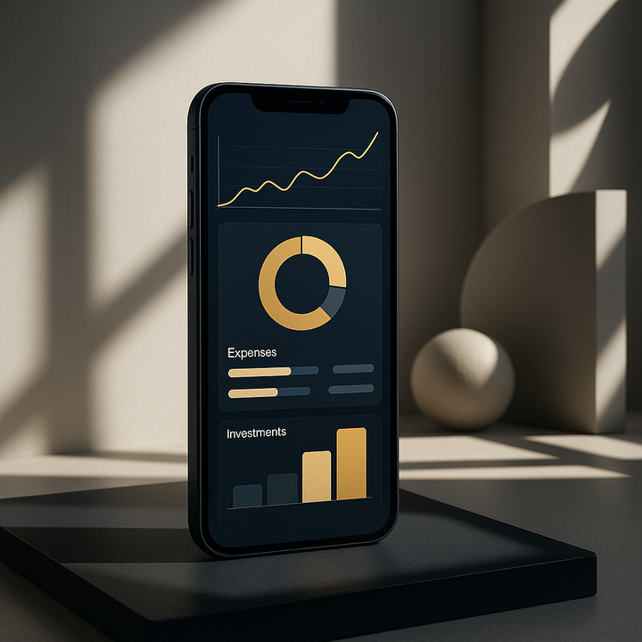 Smartphone with financial management app interface showing charts and budget breakdown