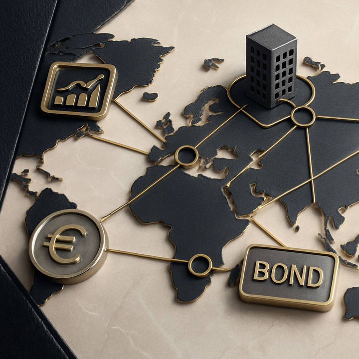 Digital map illustrating global investment flows and diversified asset classes for international portfolios.