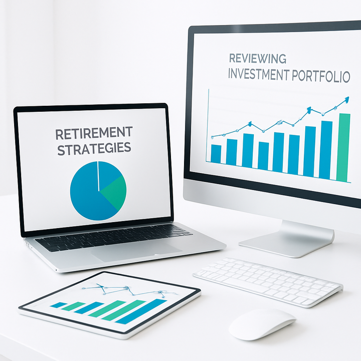 A professional workspace with charts and digital devices used for reviewing retirement financial plans.
