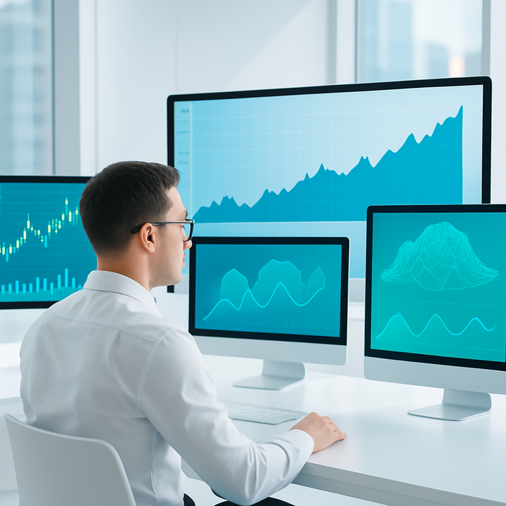Financial analyst using advanced technology and data analytics to maximize investment returns.
