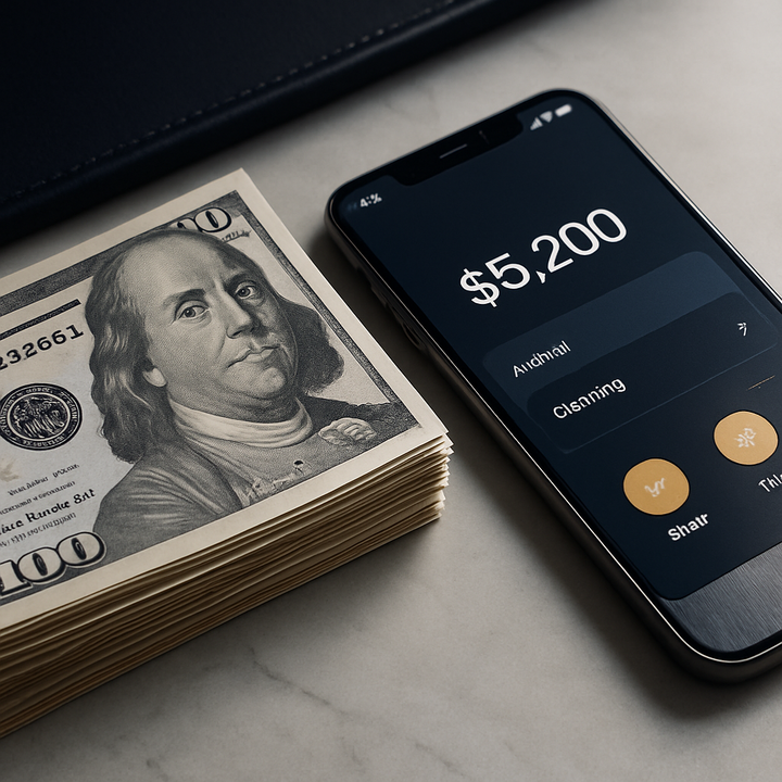 Emergency fund concept: currency notes with a digital banking app highlighting financial security.