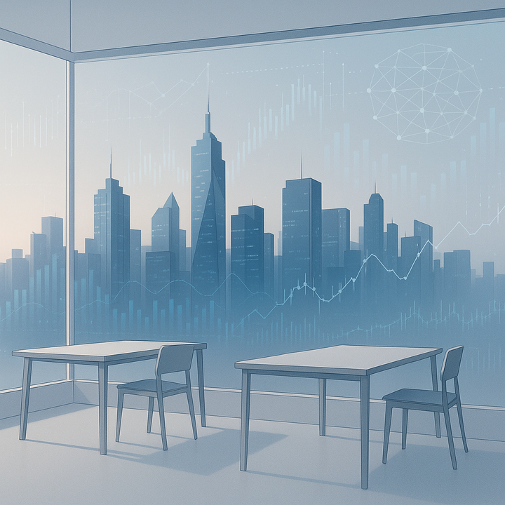 Financial district with digital AI data overlays and finance professionals analyzing information.