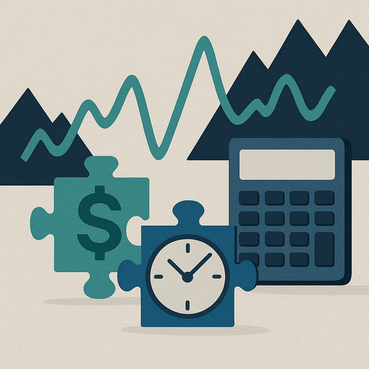 Abstract art showing graphs, currency, clocks, and calculators illustrating economic changes impacting retirement planning.