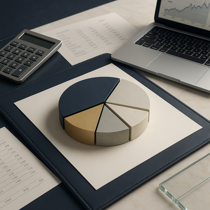 A pie chart illustrating a diversified retirement portfolio with different asset classes on a financial planning desk.