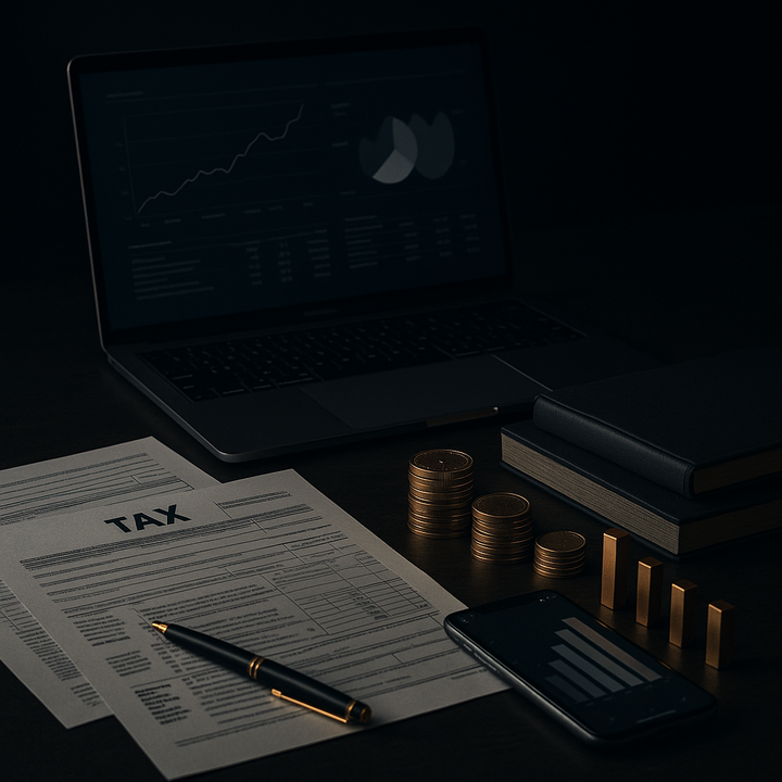 Workspace with financial charts, tax documents, and investment statements highlighting advanced personal tax optimization.