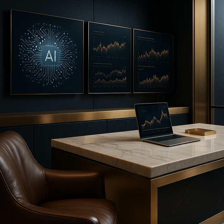 Financial professionals in a high-tech office analyzing AI-powered financial data and investment algorithms.
