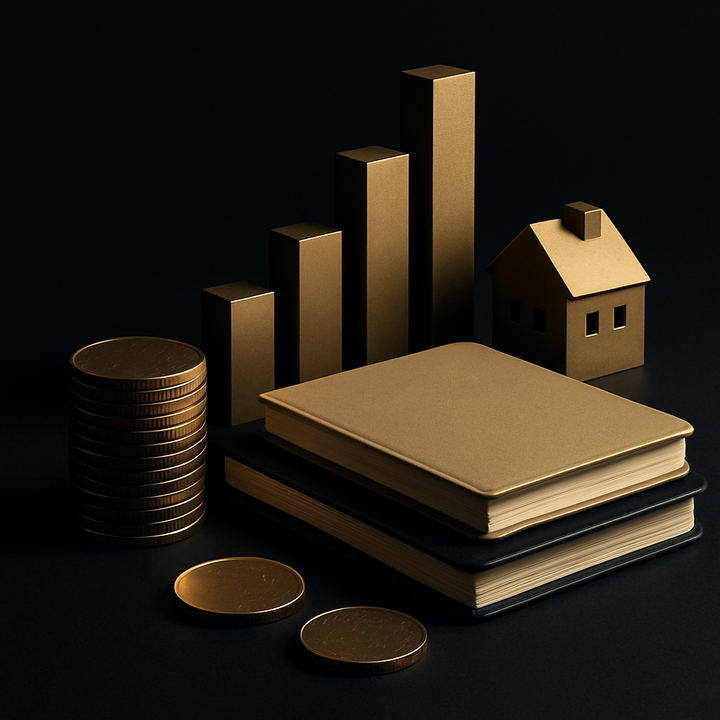Illustration of individuals studying basic investment concepts with digital devices, financial charts, and global market icons.