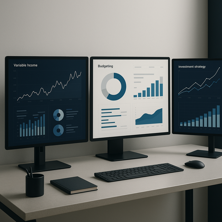 Professional analyzing financial dashboards with graphs showing variable income and investment data in a fintech environment.