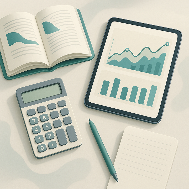 Financial education essentials: book, tablet with investment charts, calculator, and notepad.