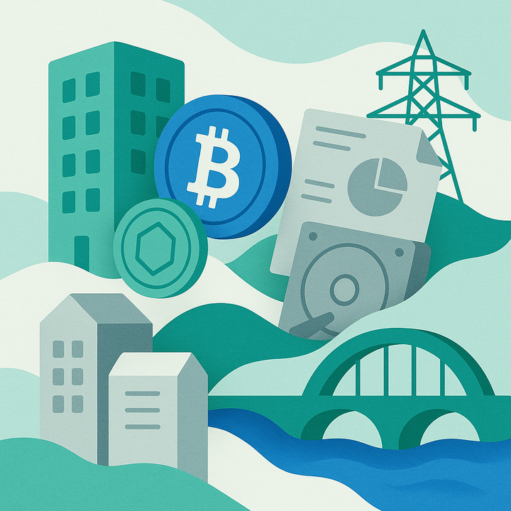Illustration of diversified alternative investment assets including real estate, digital assets, private equity, and infrastructure, presented in a high-end financial context.