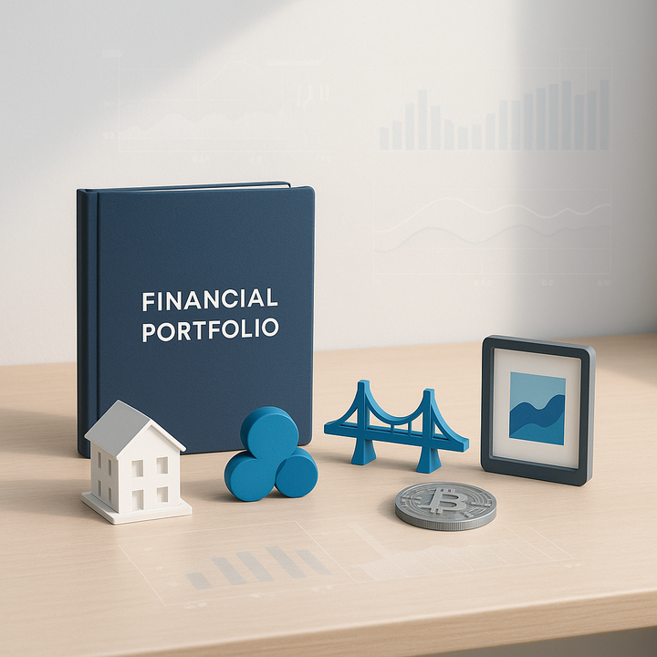 Visual representation of a diversified portfolio featuring real estate, private equity, infrastructure, digital assets, and financial charts emphasizing risk control.