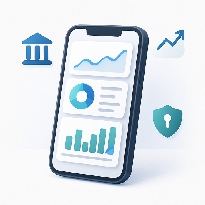 Illustration of a smartphone displaying various personal finance app features and data analytics.