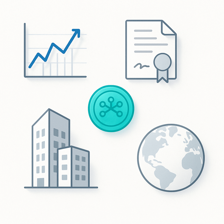 Visual representation of a diversified retirement investment portfolio including stocks, bonds, real estate, digital assets, and global markets.