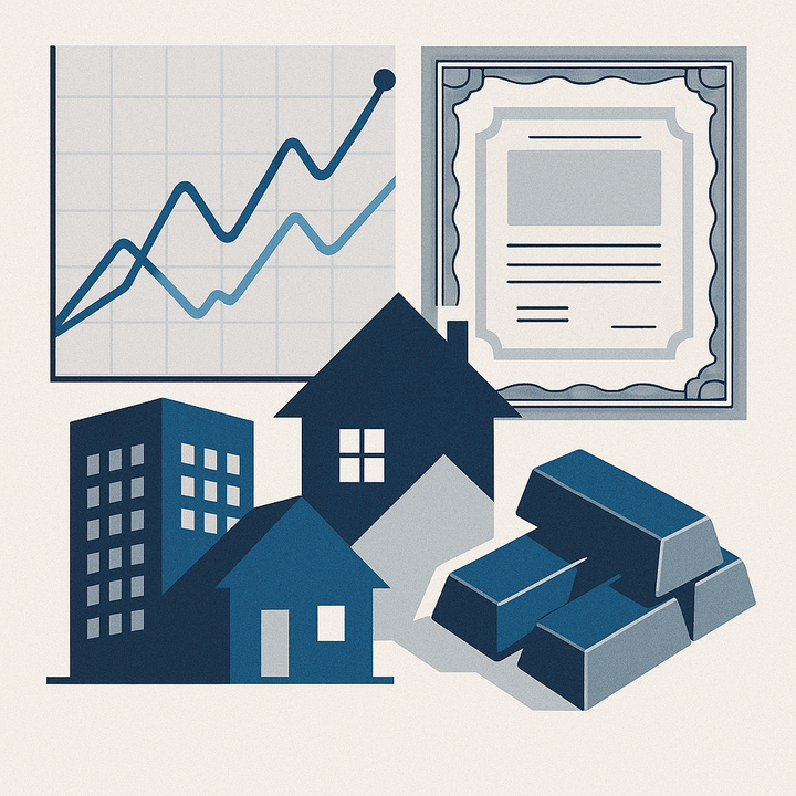 Illustration of diversified investments for retirement including stocks, bonds, real estate, and alternative assets.