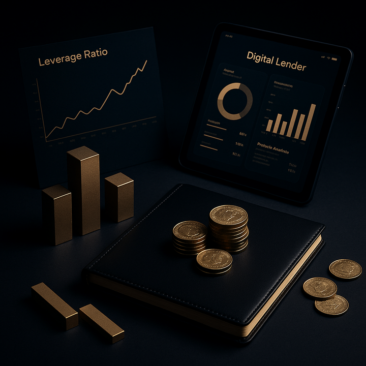 Modern financial workspace with leverage metrics and digital tools