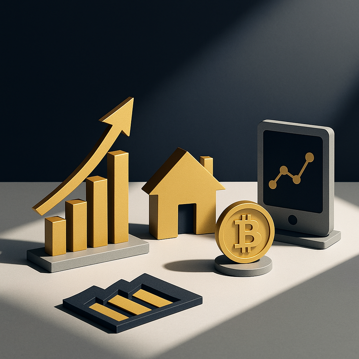 Illustration of a workspace with documents and screens representing diversified investments across stocks, real estate, and digital assets.