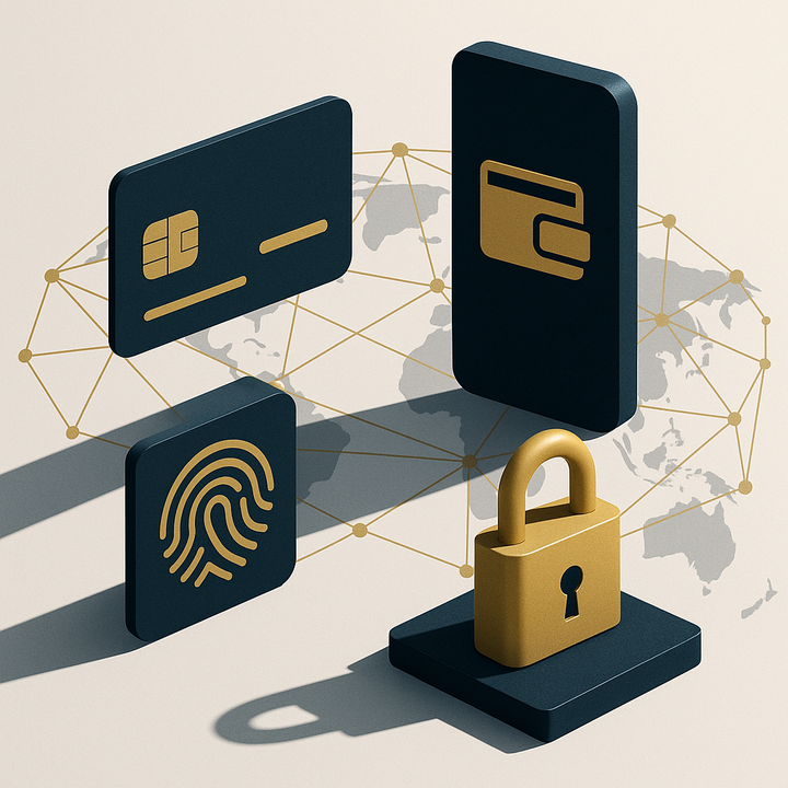 Digital payment platforms and security icons displayed over a global network.