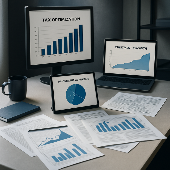 Financial planner reviewing tax strategies and investment charts in a modern office setting.