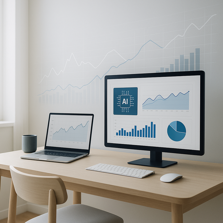 AI-powered financial control room with digital analytics and professionals analyzing data.