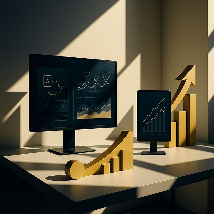 Financial professionals using AI analytics dashboards in a high-tech office