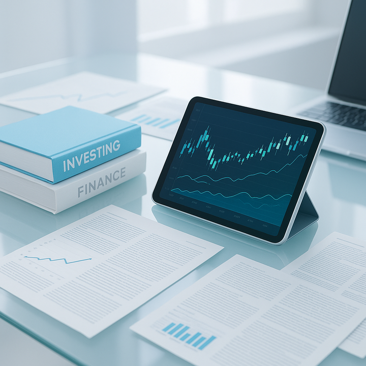 Workspace with financial charts, tablet displaying market analysis, educational books, and financial news articles under natural light.