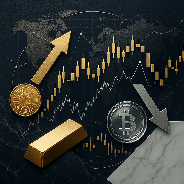 Digital illustration of volatile financial markets, with rising and falling charts, global connectivity, and diverse investment assets.