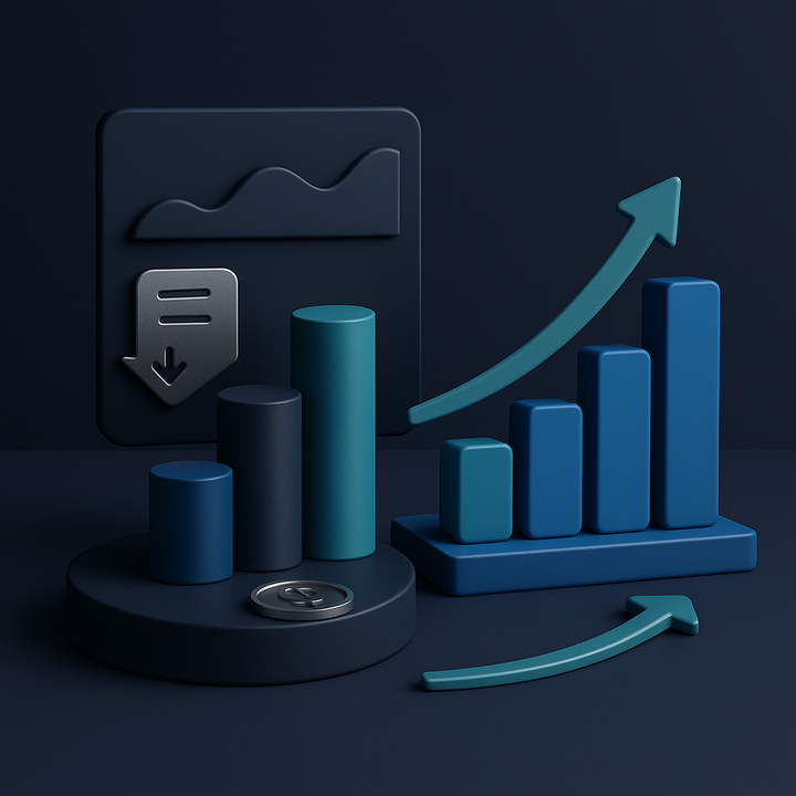 Minimalist desk with personal finance charts, expense categories, and investment growth graphs.