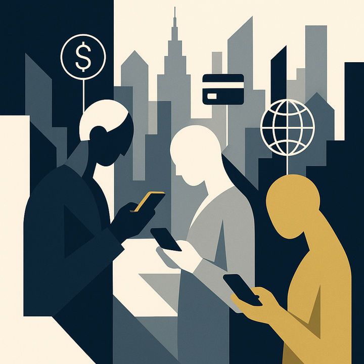 Diverse individuals using smartphones for banking and payments in a city environment, representing fintech-driven financial inclusion.