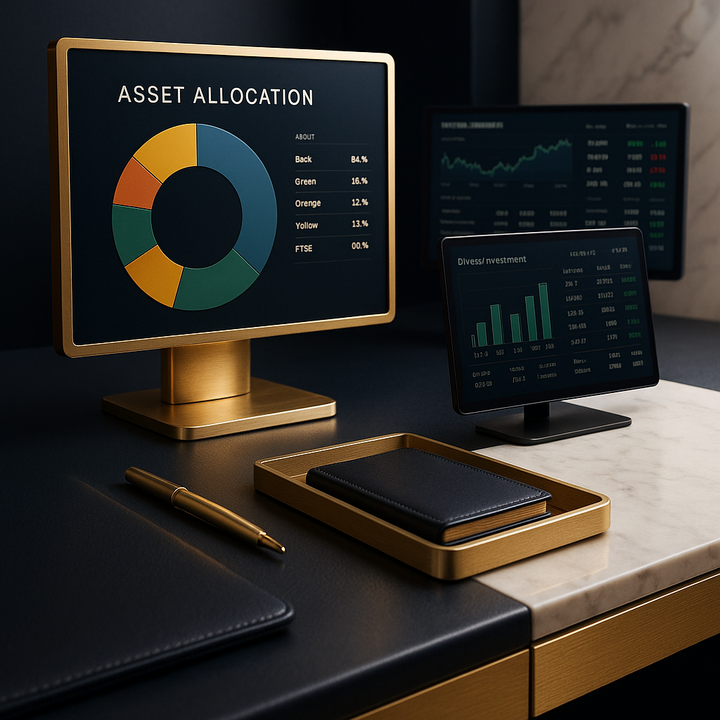 Financial analysts reviewing asset allocation charts and market data on digital screens in a modern office setting.