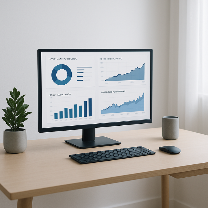 Financial advisor reviewing investment portfolios for retirement planning on a digital screen.