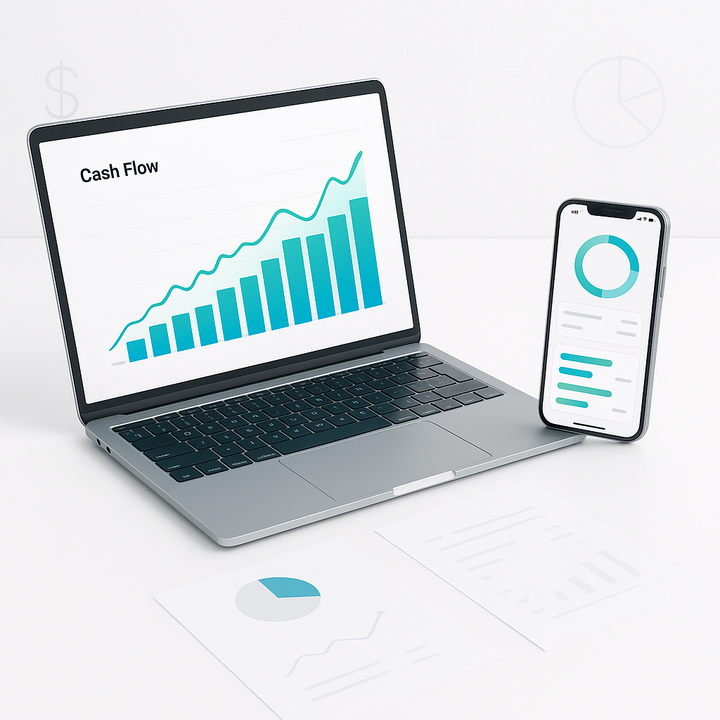 Professional workspace with digital cash flow analytics tools and financial documents.