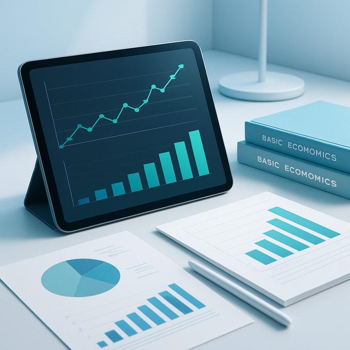 Financial reports, digital tablet with investment graphs, and educational materials on a desk representing financial education.