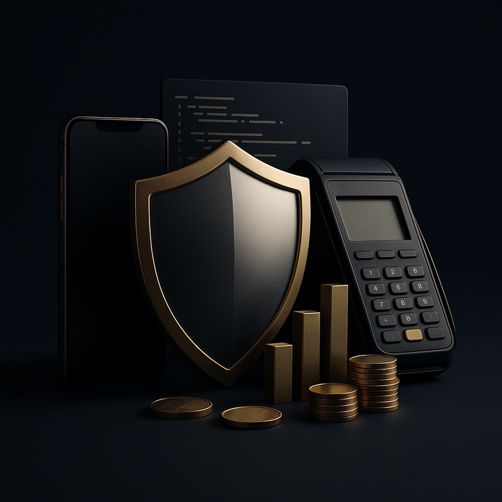 Digital shield protecting fintech devices and systems, symbolizing advanced security in financial technology.