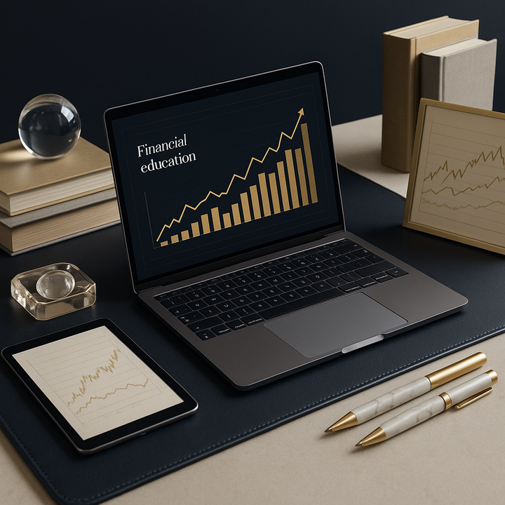 Workspace with laptop, financial charts, and online financial education materials