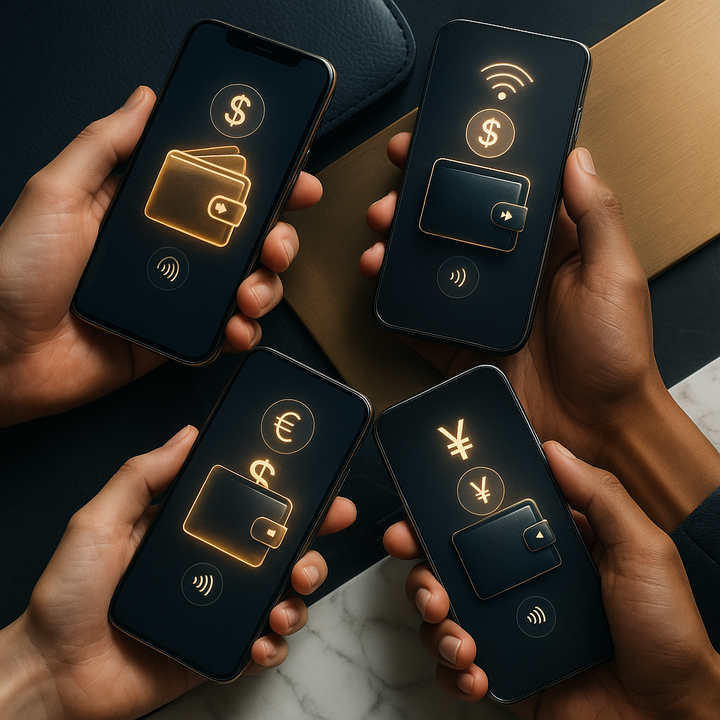 Modern illustration of digital wallets and payments with smartphones, NFC, and currency icons representing fintech innovation.
